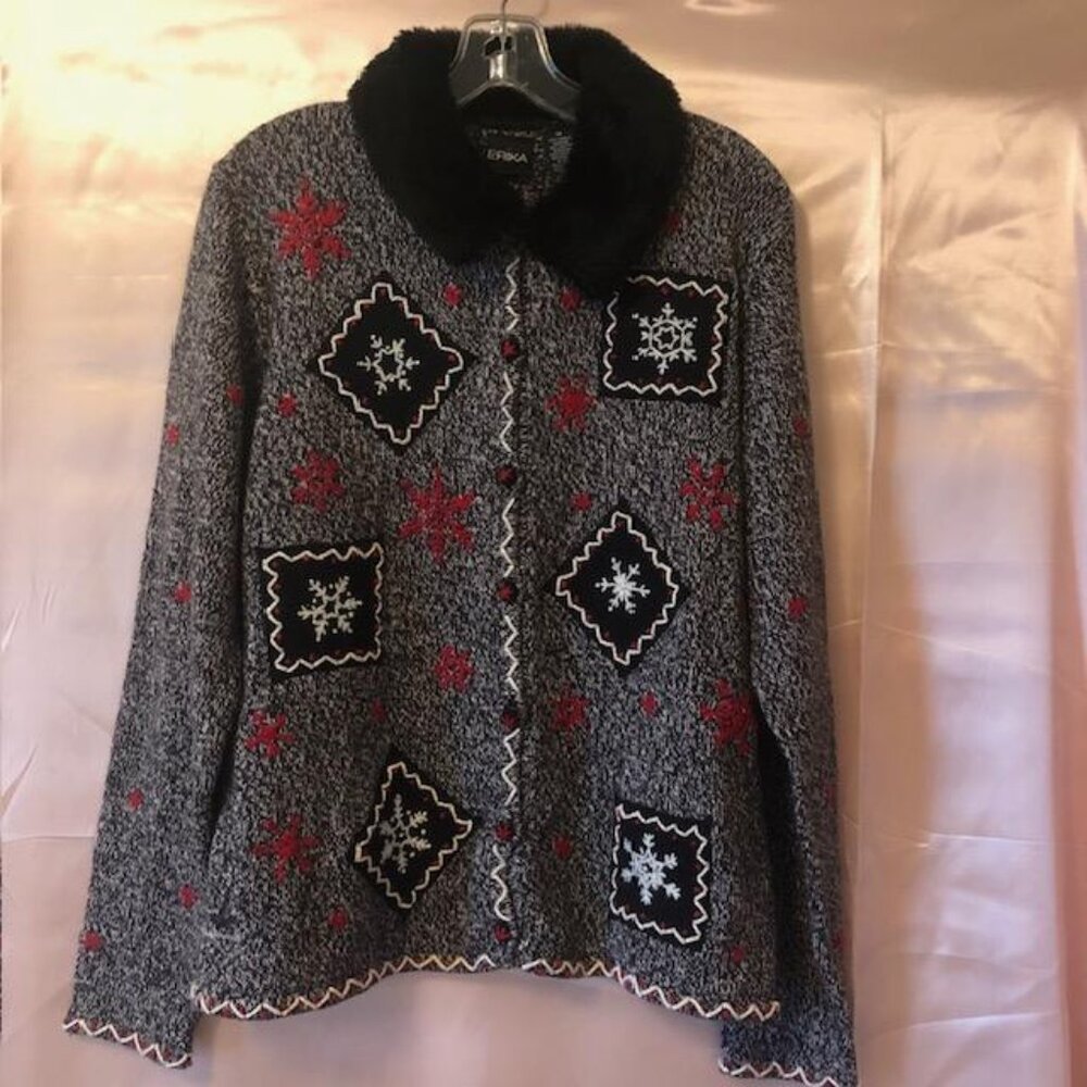 Erika Cardigan Sweater Women's US Size Medium Faux Fur Snowflake Pattern